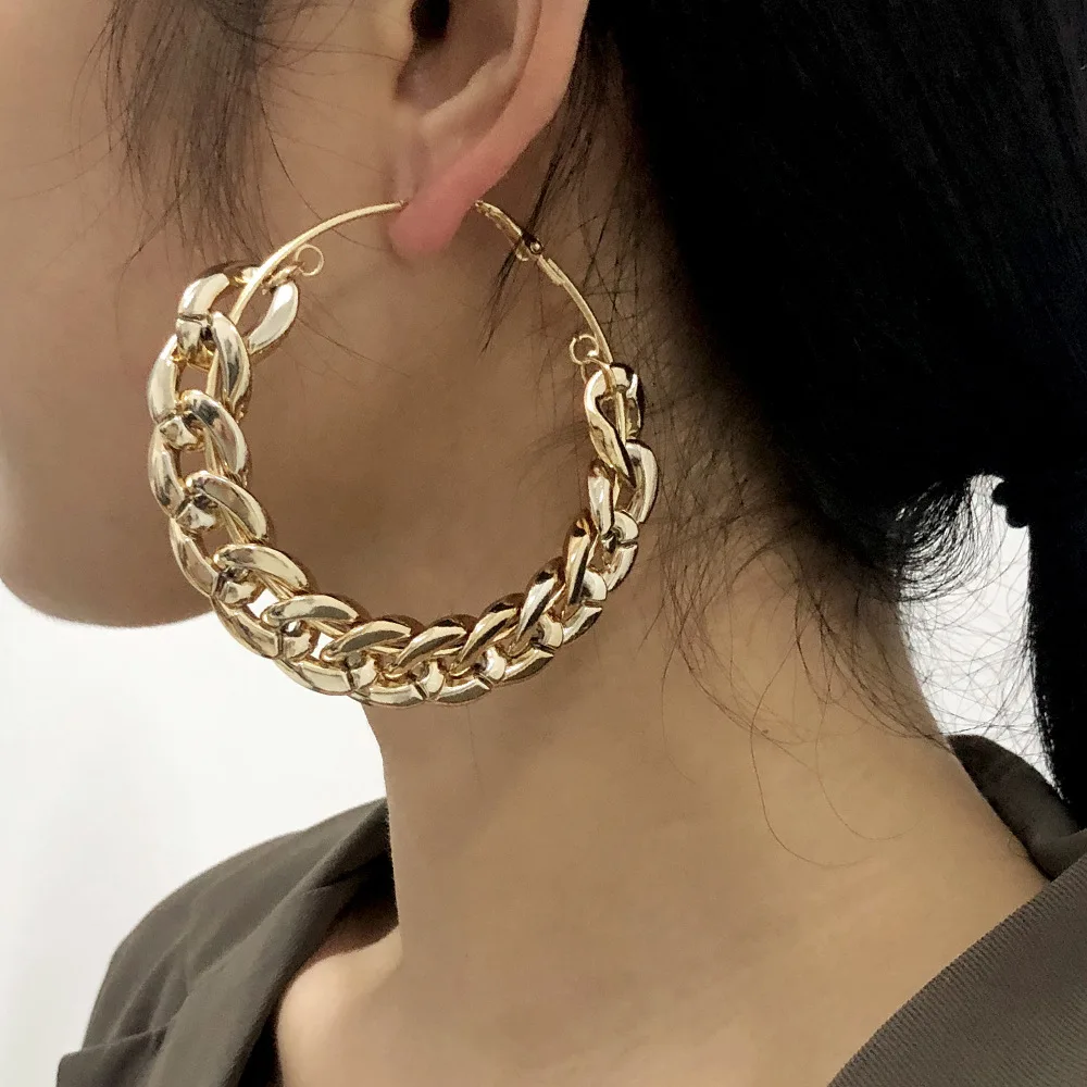 

Oversized Hoop Earrings Alloy Cuban Chain Women Ear Hook Gold Plated Hoop Earring