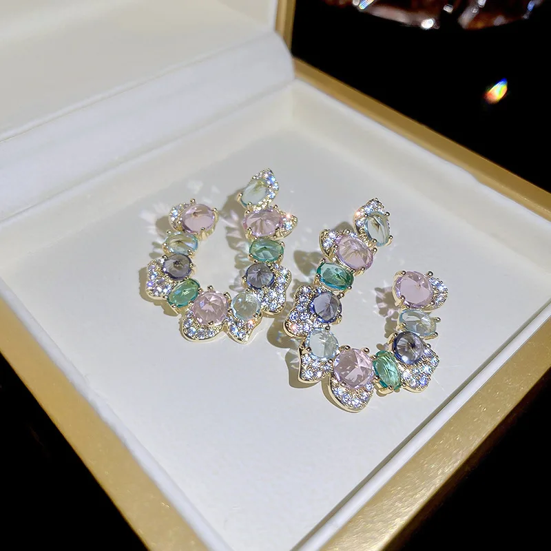 

INS Zircon Diamond Irregular U-Shaped Exaggerated Earrings Wholesales Elegant Pink Crystal 18k Earrings