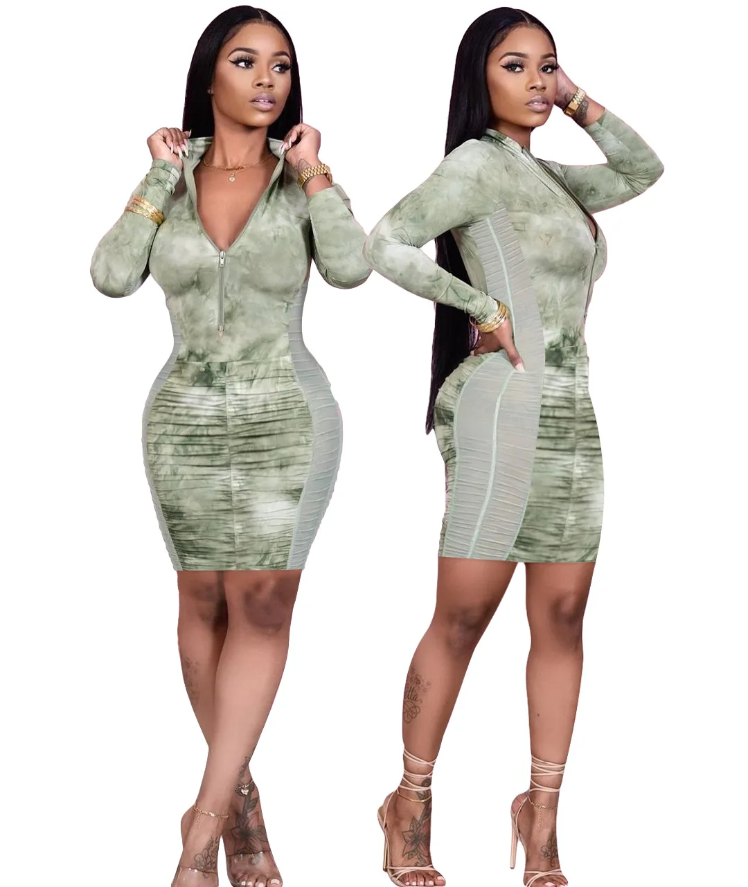 

Fashion sexy high-quality long-sleeved mesh stitching pleated dress, 1 colors