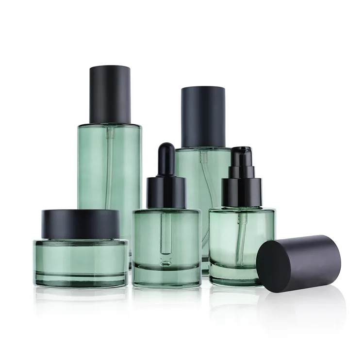 

50g 40ml 100ml 130ml 150ml Cosmetic Green Glass Serum Jar Dropper Packaging Set Bottles empty cosmetic packaging