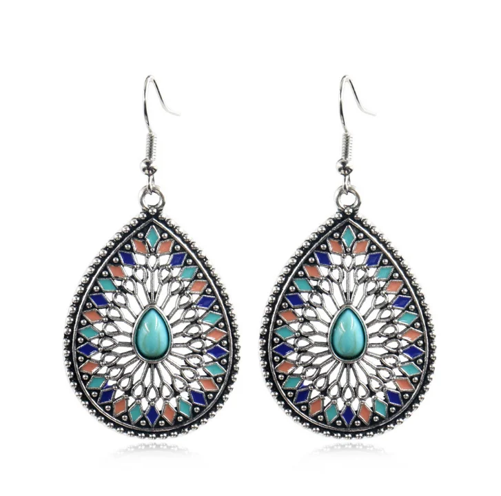 

Fashion Earrings Silver Indian Jewelry Vintage Ethnic Water Drop Colorful Flower Earrings for Women Bride Girl Jewelry