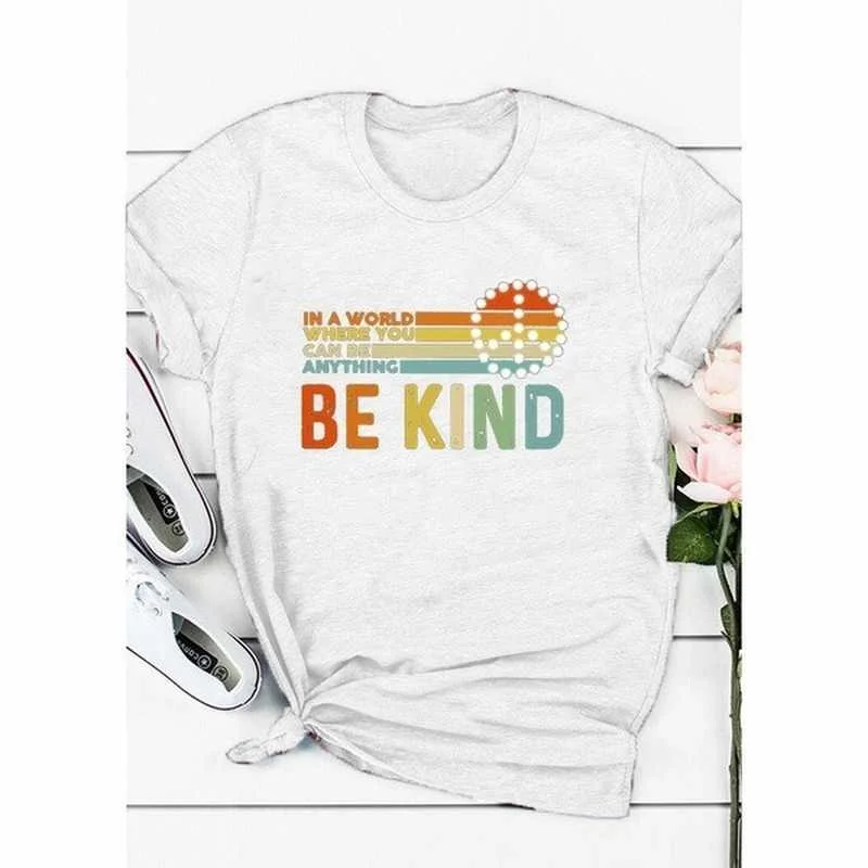 

Be Kind Letter Striped Print T Shirt Women Short Sleeve O Neck Loose Tshirt Summer Women Tee Shirt Tops Camisetas Mujer