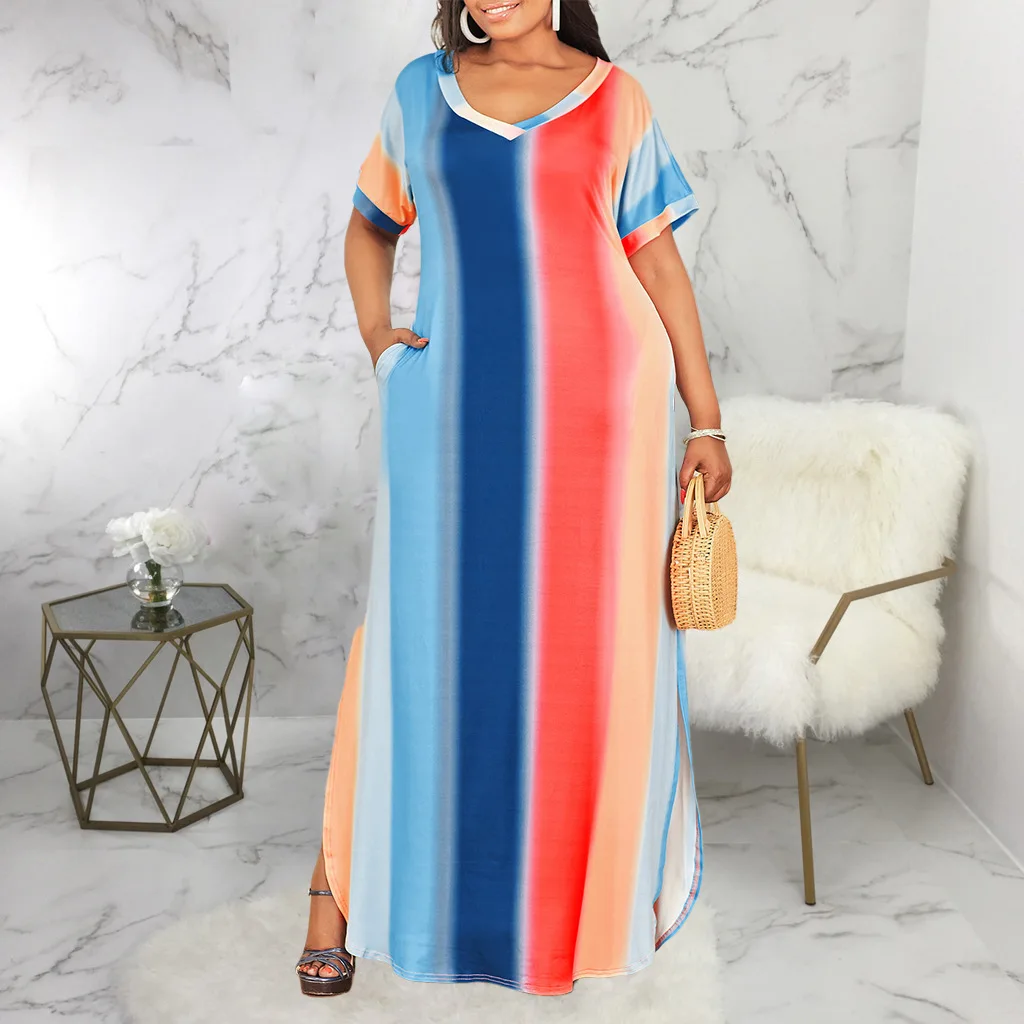 

Latest summer hot style color stripe positioning print rainbow short sleeve 5XL afro-american women plus size party dress