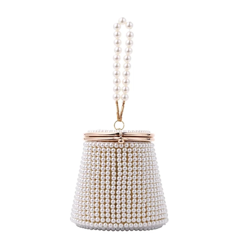 

2021 New Bucket Design women evening bags beading holder day clutch pearl wedding bridal ladies handbags party small purse, 3 colors