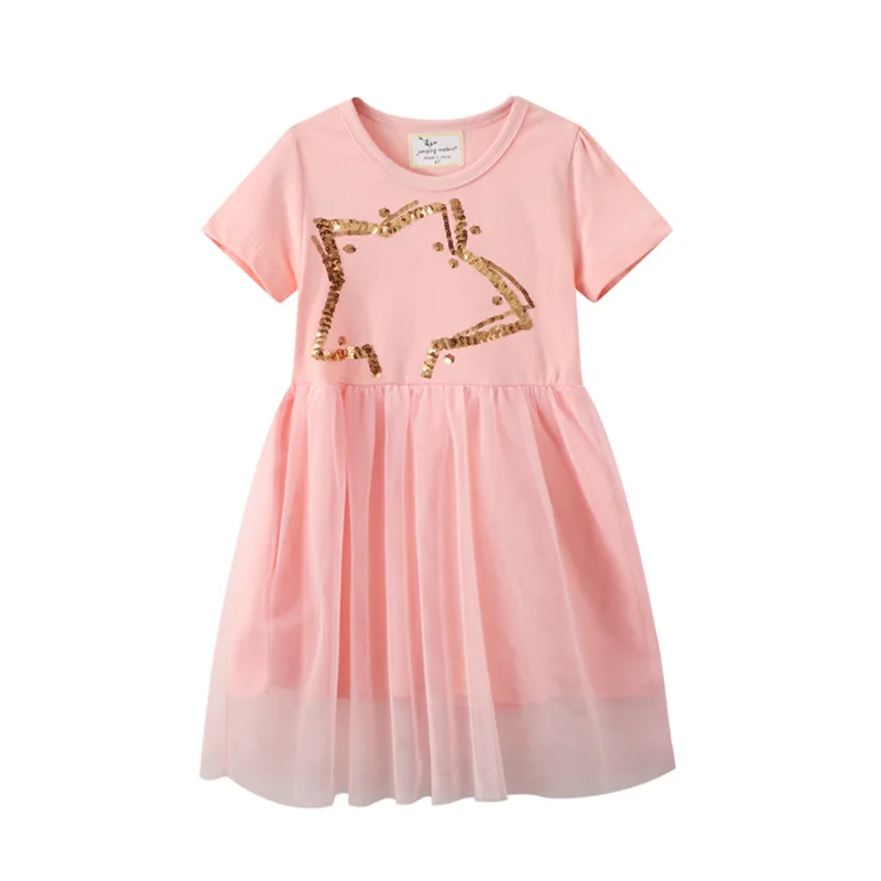 

Girls Dresses Party Sequins Stars Sundress Summer Cotton Outfit, Pink