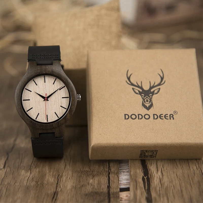 

DODO DEER Wholesale Casual Vintage Movement Quartz Wooden Watches OEM for Men Black Leather Band Wrist Watch