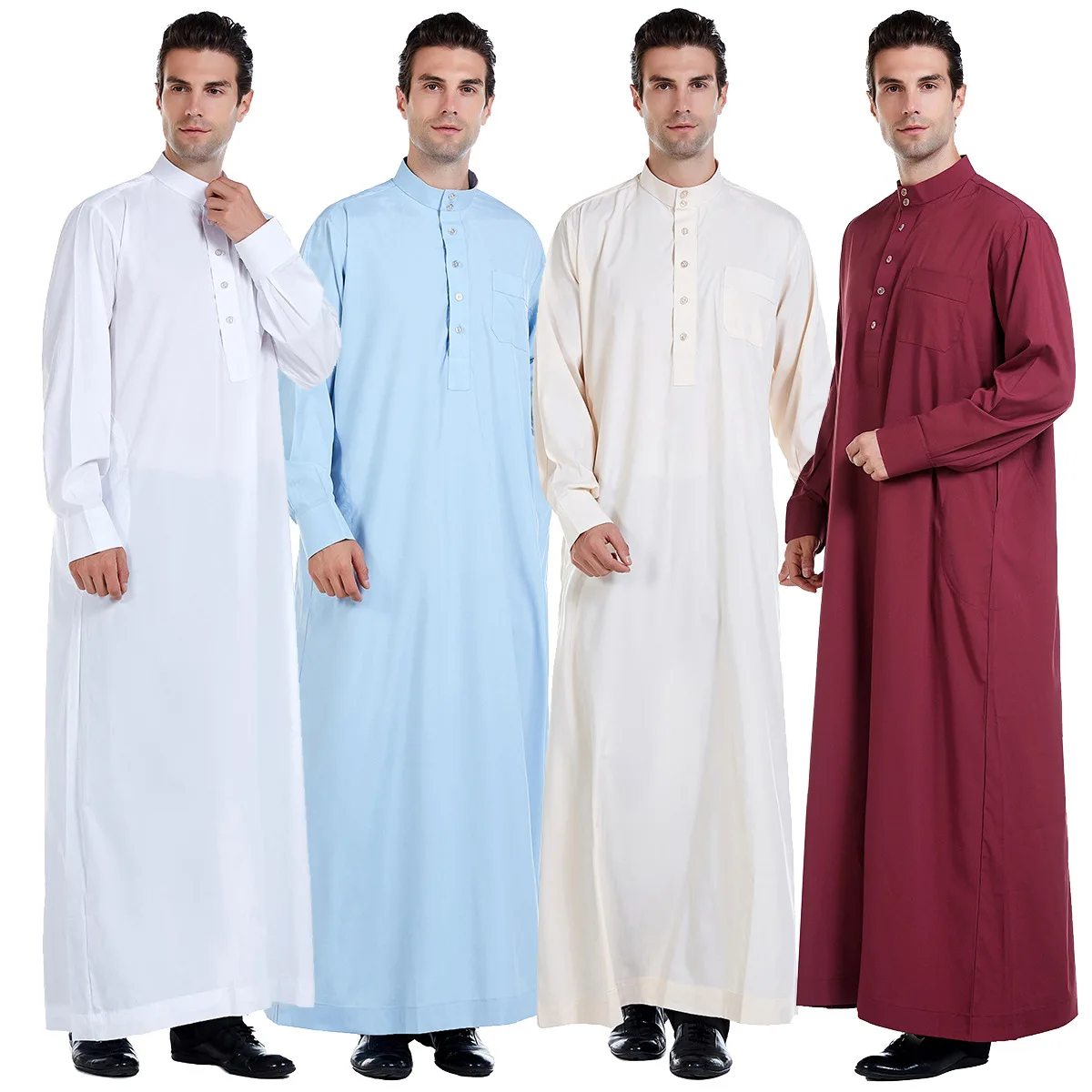 

Muslim Men's Clothing Arab Middle East Men's Robe Stand Collar Hui Nationality Clothing 2021 New Products, White, sky blue, wine red, beige