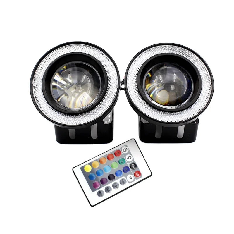 3.5 INCH Wireless Remote Control RGB Bright Colo LED Fog Light With Lens Halo Angel Eyes Rings COB 1200LM fog Light Universal