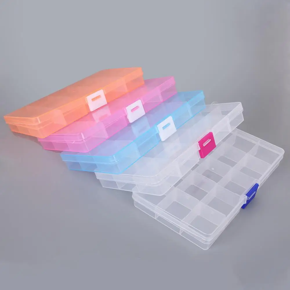 

Wholesale 15 Grid Plastic Adjustable Transparent Jewelry Ring Earrings Box Case Portable Organizer Storage Box Jewelry Package, 5 colors