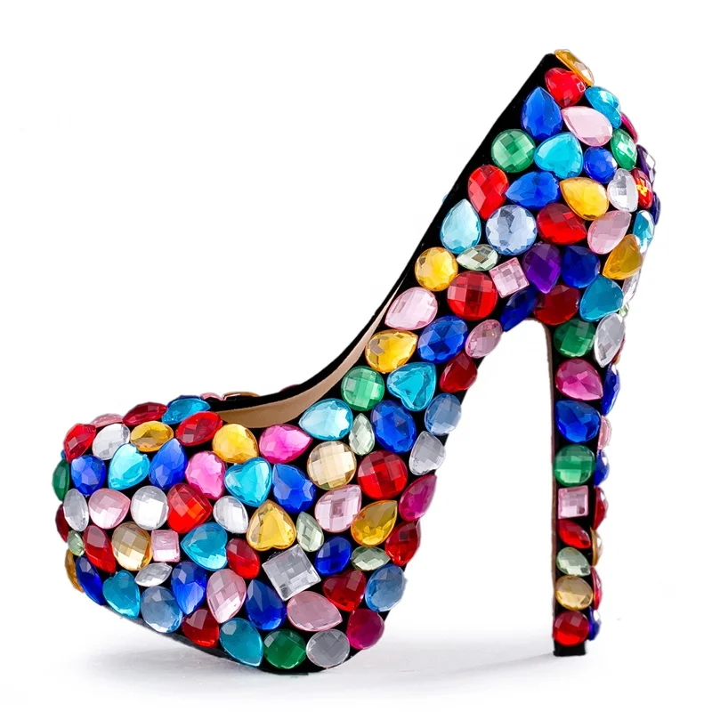 

Plus Size Colorful Diamond Crystal Ladies Sandal Woman Bling Dress Shoes Block Heels for Evening Party