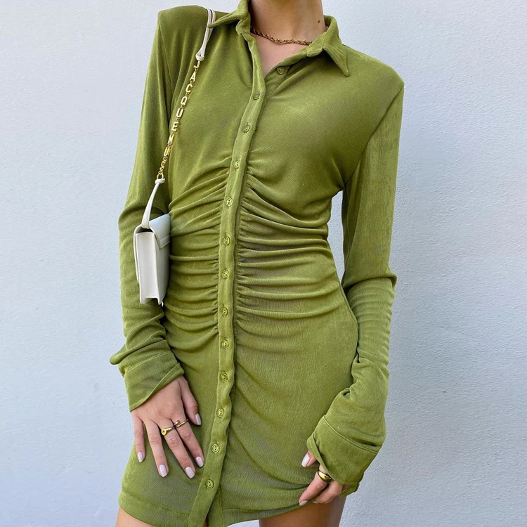 

Turn Down Collar Autumn Woman Dress Chic Button Long Sleeve Solid Color Ruched Sexy Bodycon Dresses Women Party Outfits
