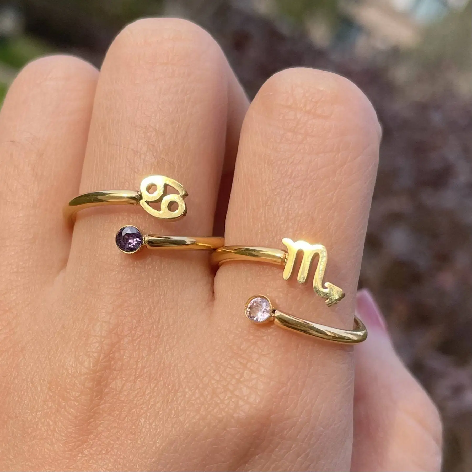 18K PVD Gold Plated Stainless Steel Zodiac Symbols Matched Cubic Zirconia Layer Adjustable Rings