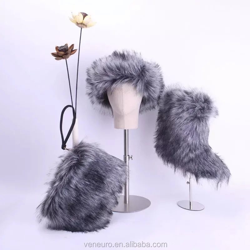 

Fashion girls winter warm faux fur bag hair band set faux fur snow boots women, Customized color