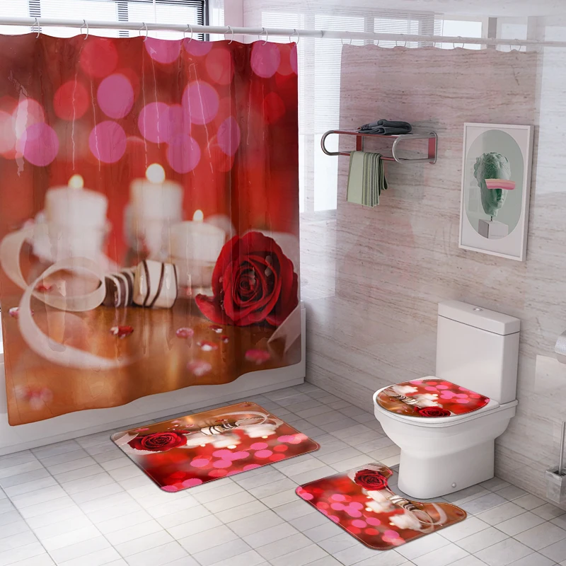Valentine's day New Shower Curtain Lid Toilet Cover Bath Mat Rug with Hooks Bathroom Accessory Sets