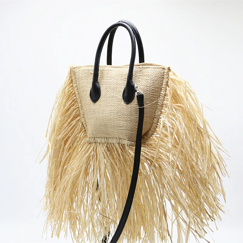 

New Stylish Women Lady Long Tassels Natural Raffia Straw Bag for Beach Resort Dress straw bags in thailand, Picture