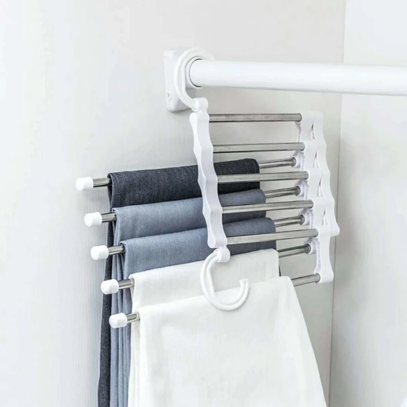 

ABS Stainless Steel Clothes Hanger Storage Rack Multifunction Dual Hooks 5 Tier Pants Trousers Hanger Rack Save Space Organizer, White and black