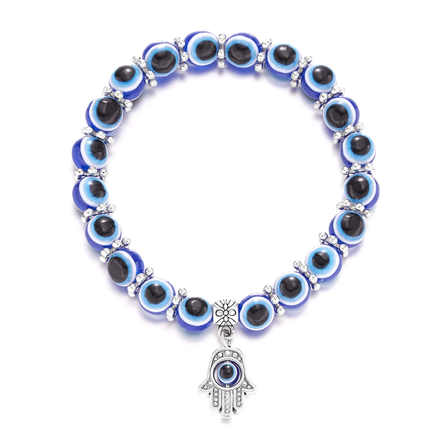 

Factory Wholesale Blue Devil Eye Beaded Bracelet Antique Silver Lucky Hand Charm Stretch Bracelet For Women Men