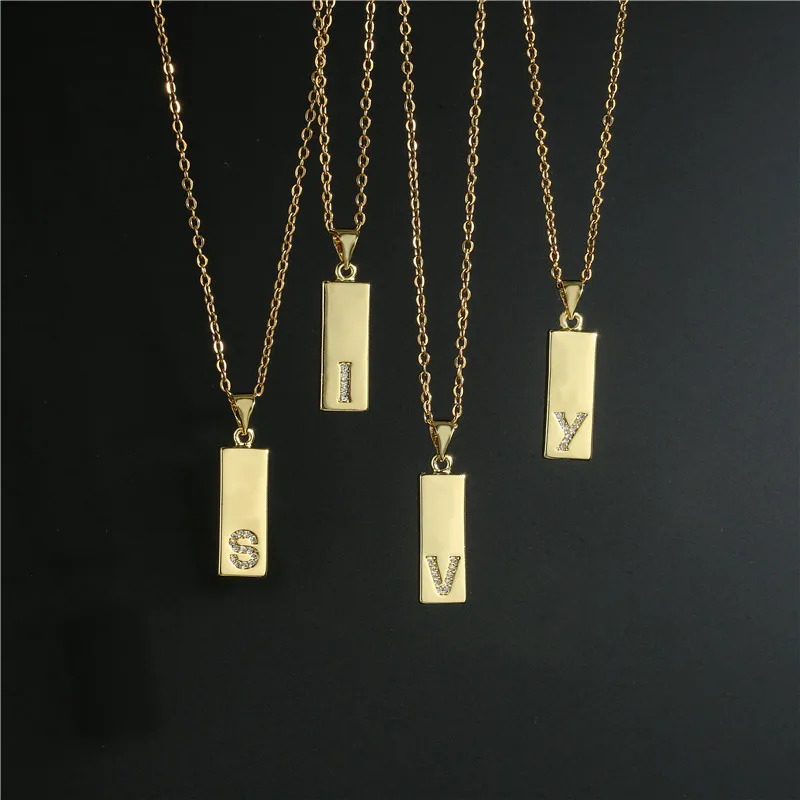 

18K Gold Plated Square Tag Pendant Necklace Zircon Diamond CZ Micro Paved A-Z Alphabets Initial Necklace