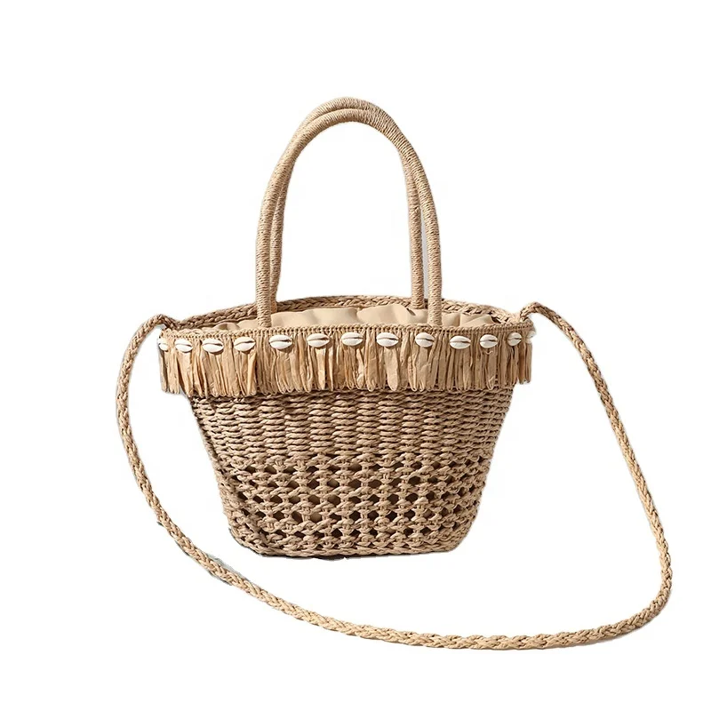 

New handmade summer beach women natural straw bag weave handbag with shell tassel, Customizable