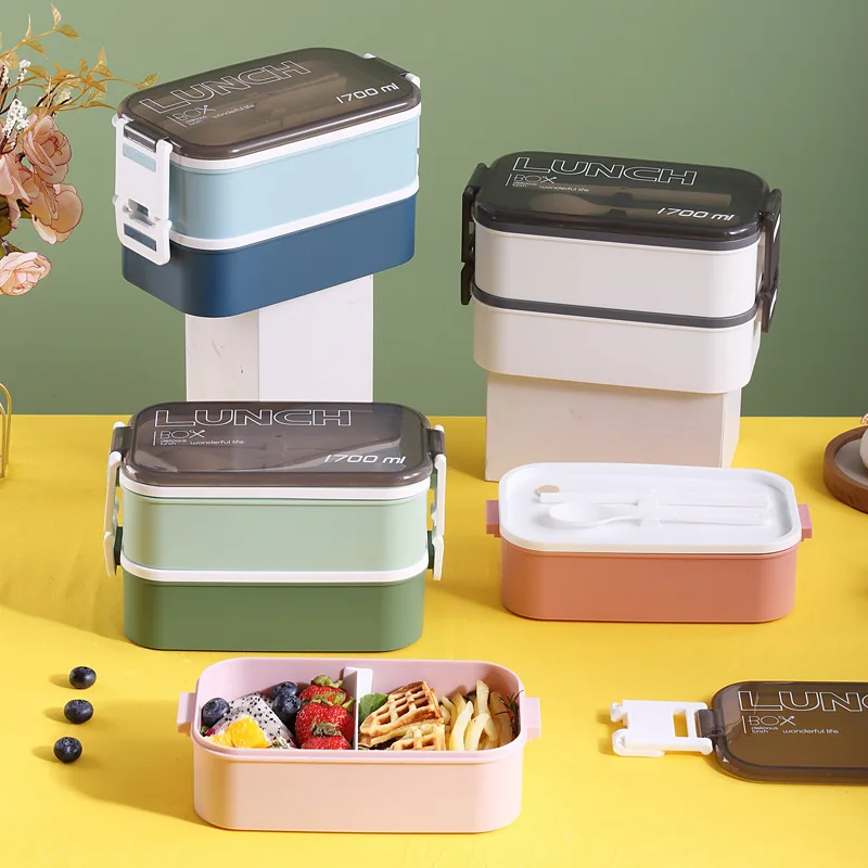 

Double Layers 304 Stainless Steel with Removable Compartments Food Container with Spoon, White /pink/blue/green