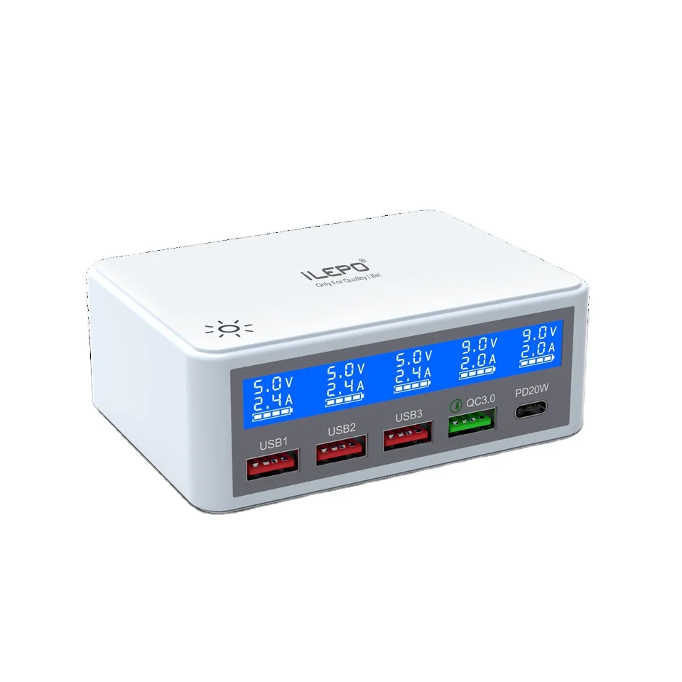 

ILEPO Multi USB Charger PD 20W QC 3.0 Quick Charging Charger 65W Fast USB C Charger LED large screen multiple charging station