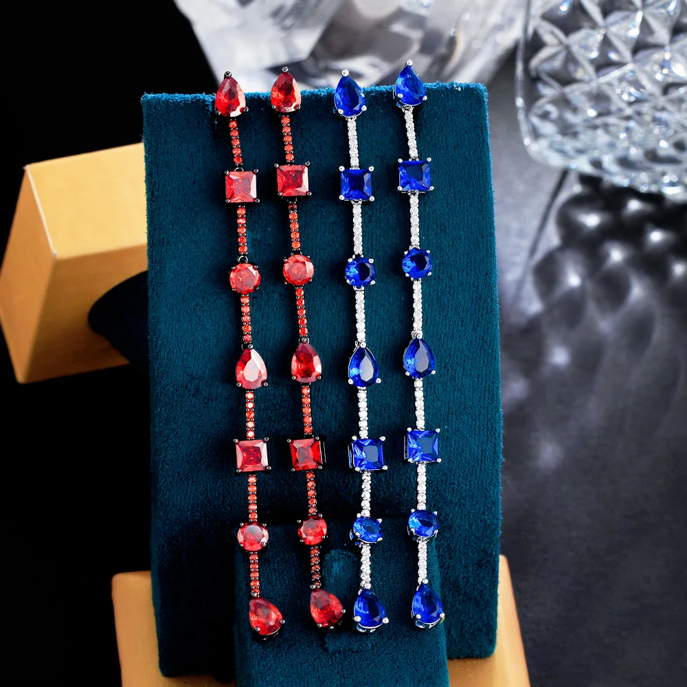 Charming Blue Cubic Zirconia Fancy Super Long Geometric Dangle Drop Earrings for Women Girls New Trendy Party CZ Jewelry