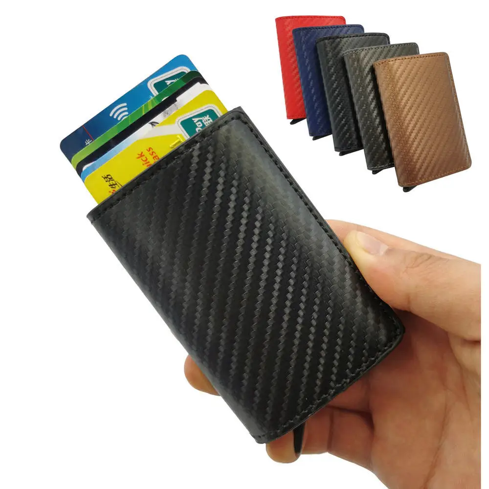 

Hot Sell Pop Up Carbon Fiber PU Leather Automatic Credit Card Holder RFID Blocking Smart Minimalist Wallet for Men