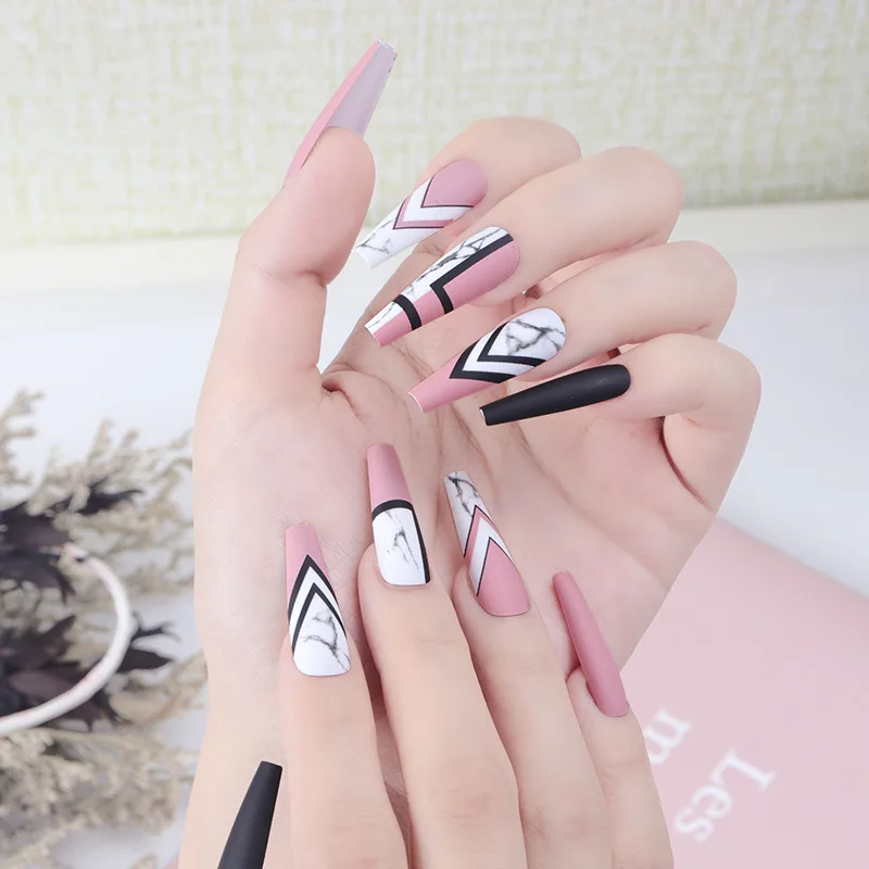 

Marbling Long Ballet Nail Line Complex Pattern Wearable Removable Coffin Nail Artificial Fingernails, 2 colors