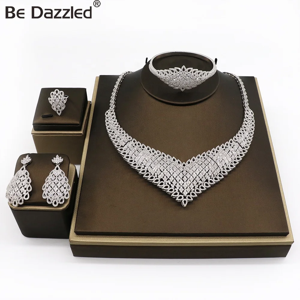 

Bedazzled luxury designs rhodium and gold plated artificial bridal aaa cubic zircon jewelry set for nigeria women wedding