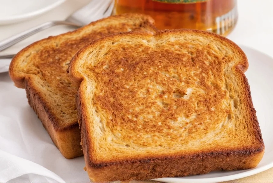 Two slices of perfectly golden brown cinnamon toast with visible cinnamon sugar crystals on a white plate