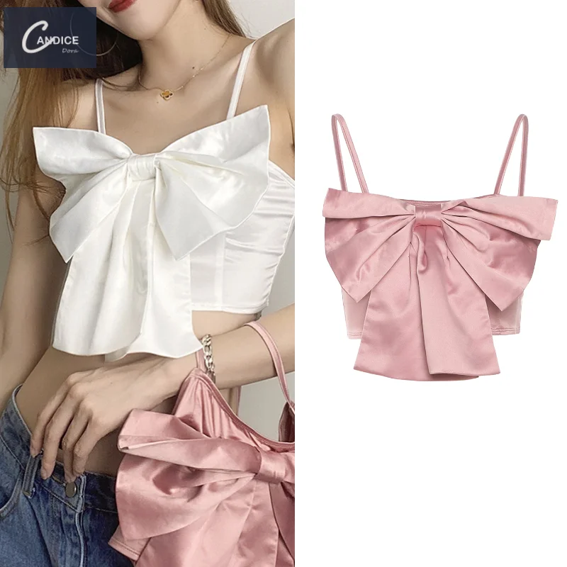 

Candice 2021 new arrival fashion style women's suspenders boatneck bowknot short crop top