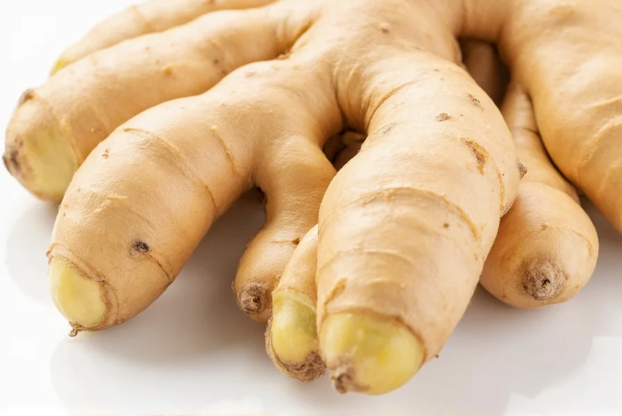 Close-up photograph of fresh ginger root showing knobby texture, beige skin, and visible growth nodes on multiple branching fingers