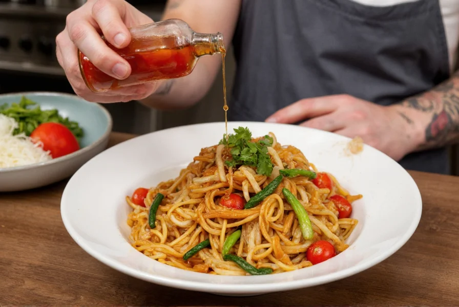 Chef drizzling red pepper chili oil over noodles