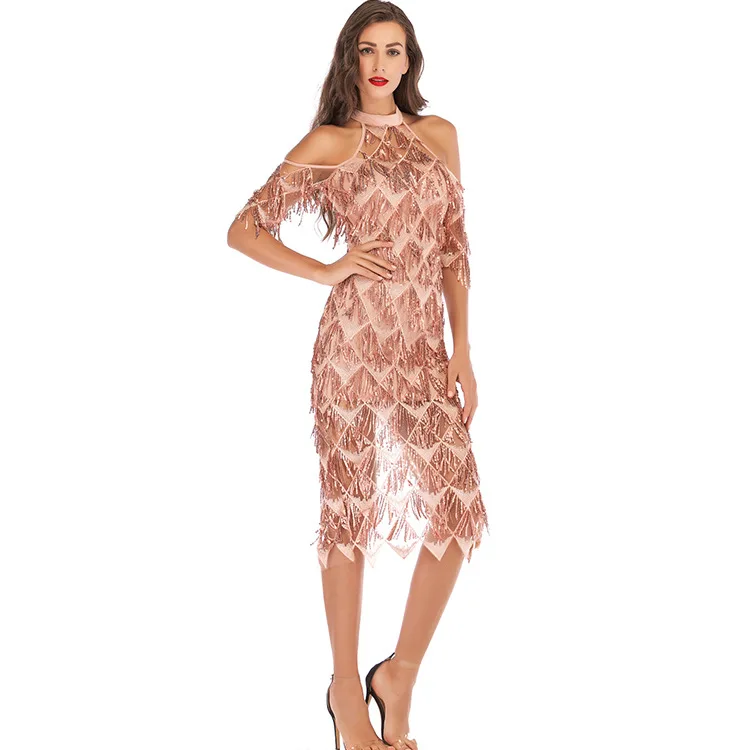 

2021 high fashion Sequin tassel formal evening dress sexy off shoulder nightclub Sequin dress