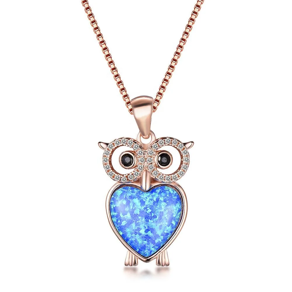 

2021 New Fashionable blue opal necklace High quality platinum exquisite opal owl pendant necklace for women's birthday present