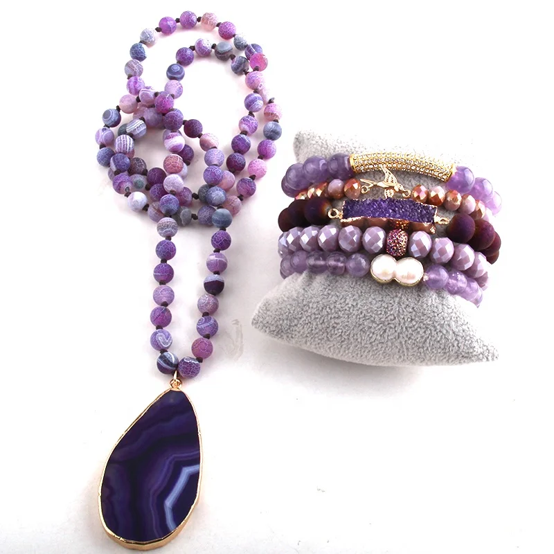 

Women Jewelry Set 8mm Purple Semi Precious Beaded Drop Stone Pendant Necklace Pearl Druzy Bracelet Stack sets, 10 color