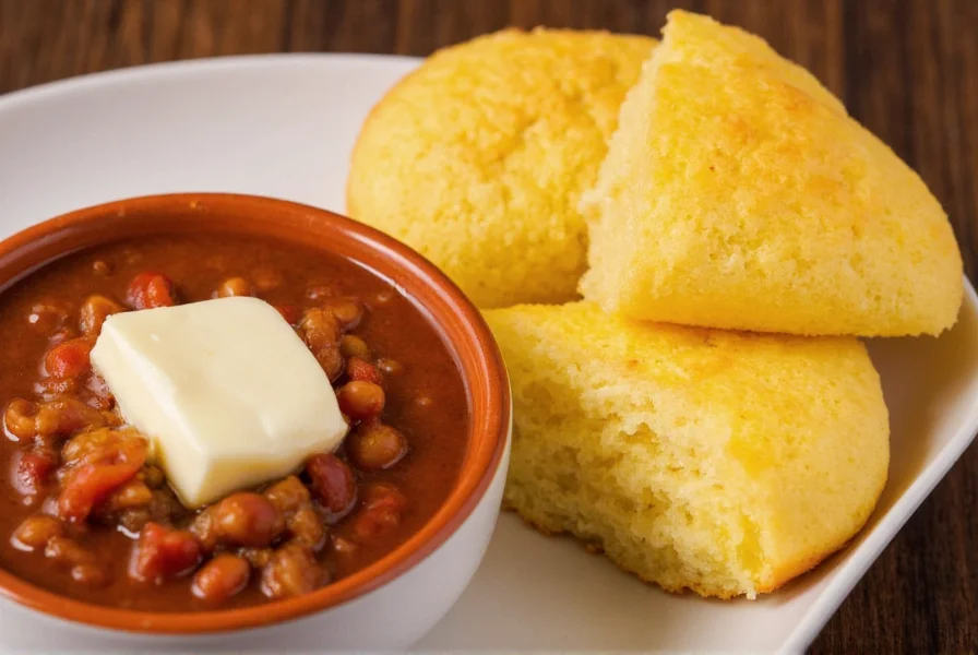 Perfect golden cornbread served alongside a bowl of steaming chili with melted butter on top