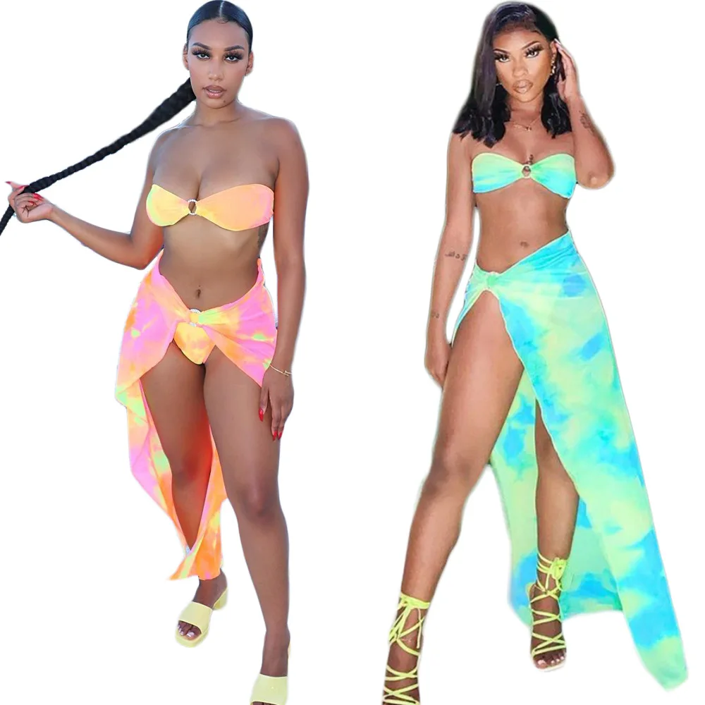 

Summer New Arrival Tie Dyed Beach Suit Tube Bikini And Cover Ups Set