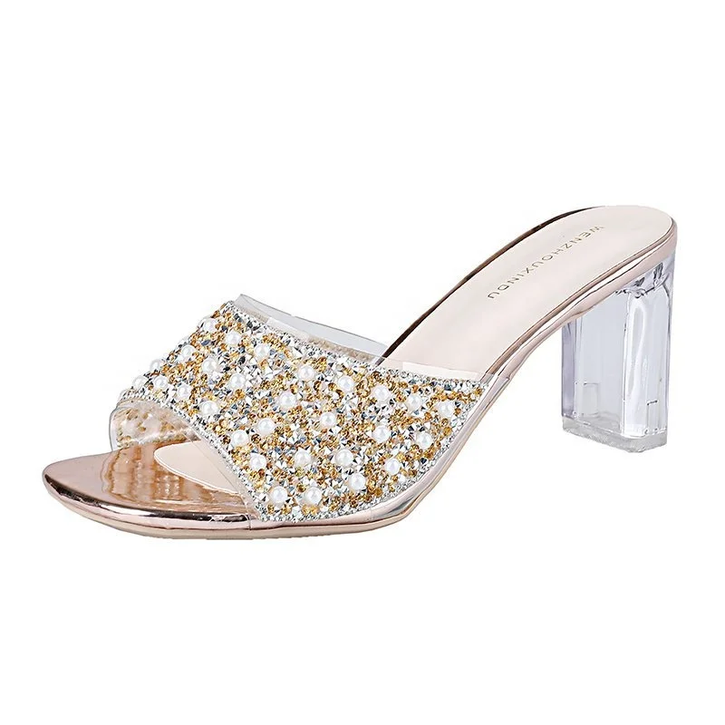 

New Rhinestone Pearl Thick Heel Slippers Transparent Belt Fashion Shoes Fish Mouth Comfortable Open Toe Sandals