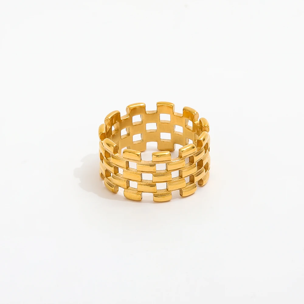 High End 18K Plain Gold Link Chain Hollow Mesh Statement Rings Stainless Steel Trendy Simple Gold Plated Jewelry