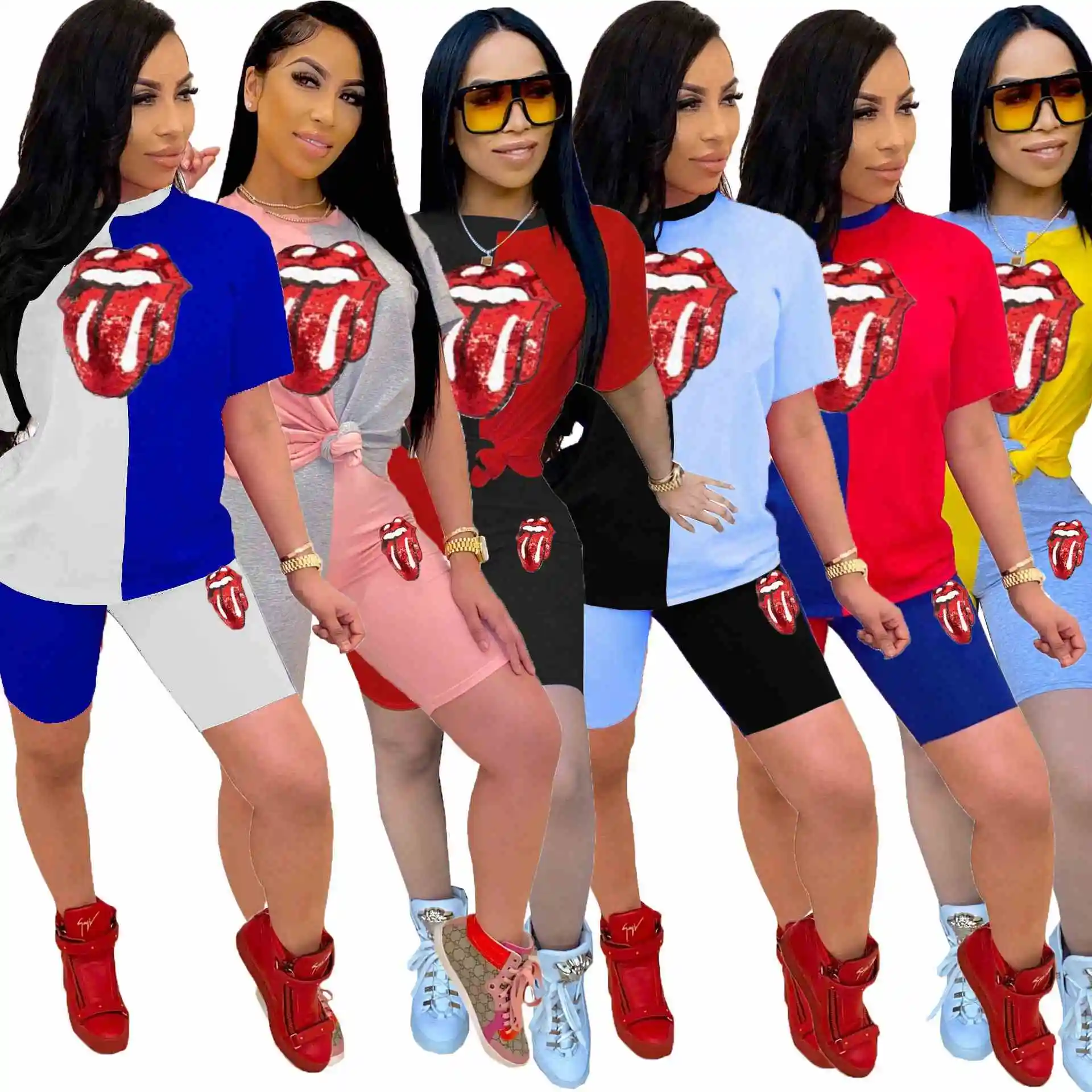 

2021 Summer Women Clothing Geometric Patchwork Letter Print T Shirt With Shorts Two Piece Outfit 2 Piece Short Set