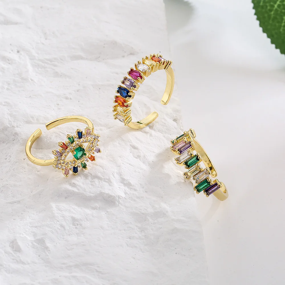 

18K Real Gold Plated Colorful Teardrop Rectangle CZ Adjustable Rings Rainbow Zirconia Eye Shape Finger Ring