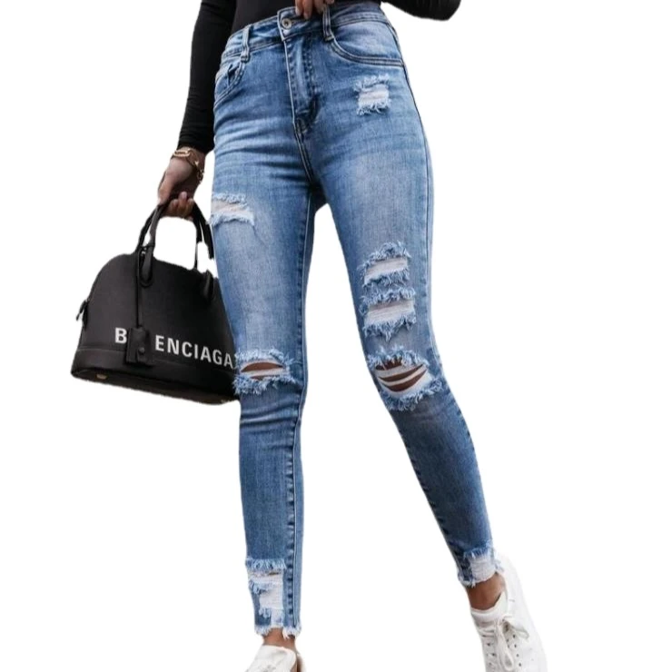 

2021 summer broken hole slim jeans pants women, Blue