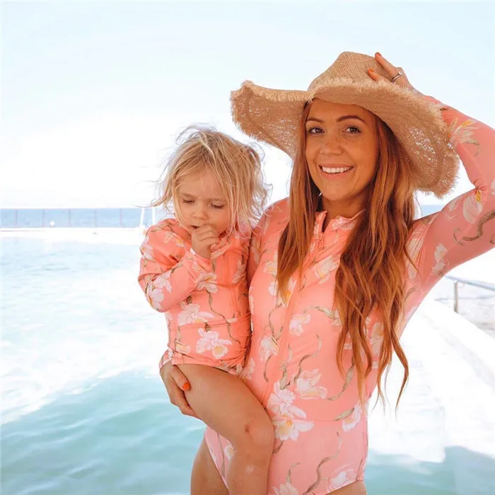 

Family Swimwear Long Sleeve Swimsuit One Piece Bathing Suit 2021 Kids Zipper Pink Bikini for Girls