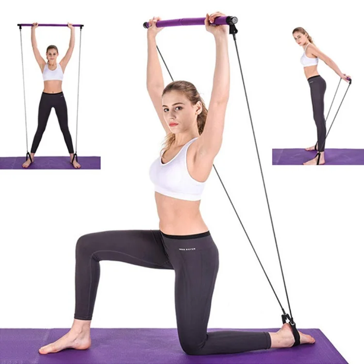 

Wellshow Sport Yoga Exercise Portable Pilates Stick Reformer Resistance Band Muscle Toning Bar Kit With Foot Loop, Purple