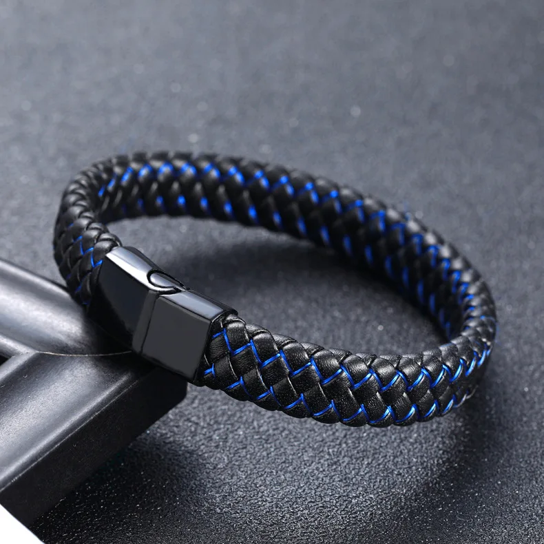 

European Men Fashion Black Blue Leather Braided Bracelet Stainless Steel Magnetic Clasp Charm Bangles Bracelet