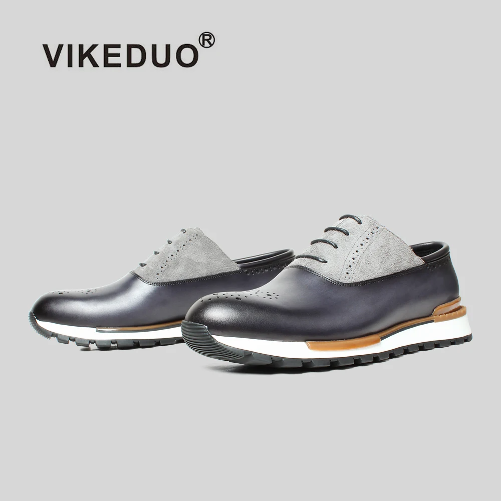 

VIKEDUO Hand Made Factory Design Brand Grey Brogue Calf Skin & Suede Sneaker Italy Genuine Leather Shoes Casual Footwear