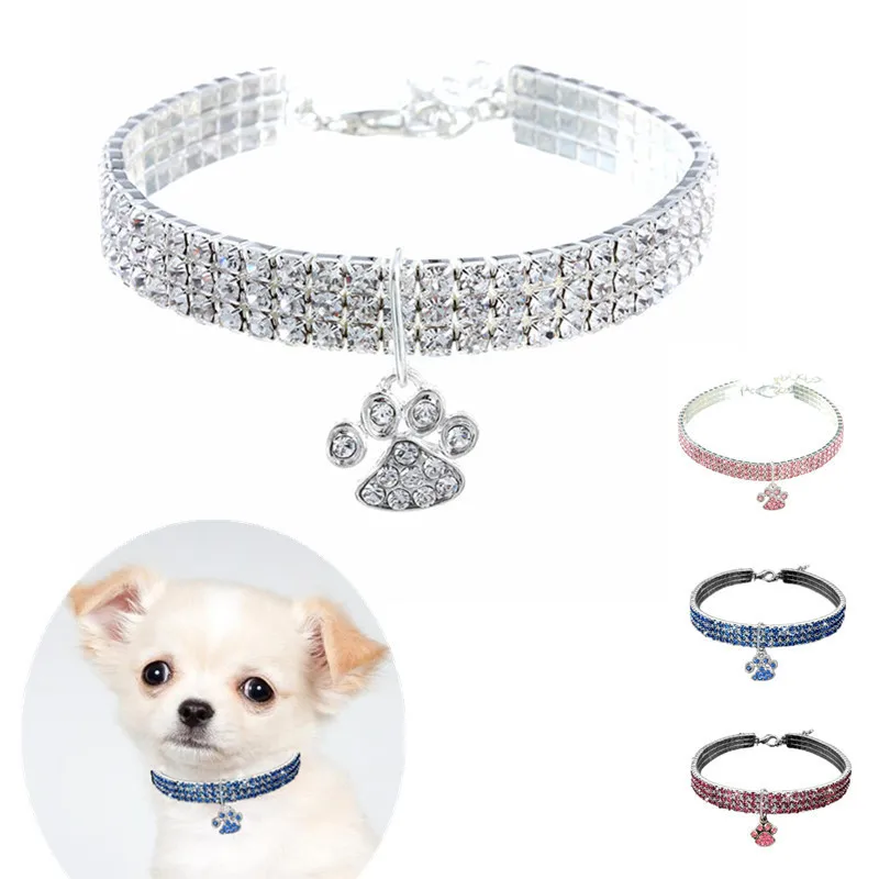 

2020 New pet collar diamond footprints pendant and mixed color elastic cat and dog necklace jewelry, White, pink, blue, red, light pink