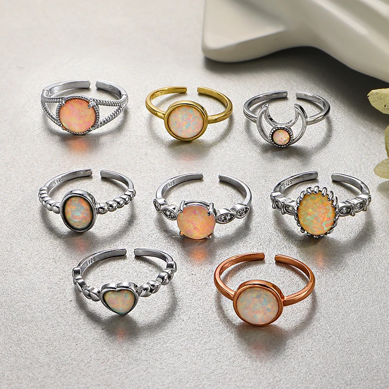 

Wholesale Custom Round Brilliant Opal Emerald Rings Rose Gold Plated Open Adjustable Ring 925 Sterling Silver Fashion Jewelry