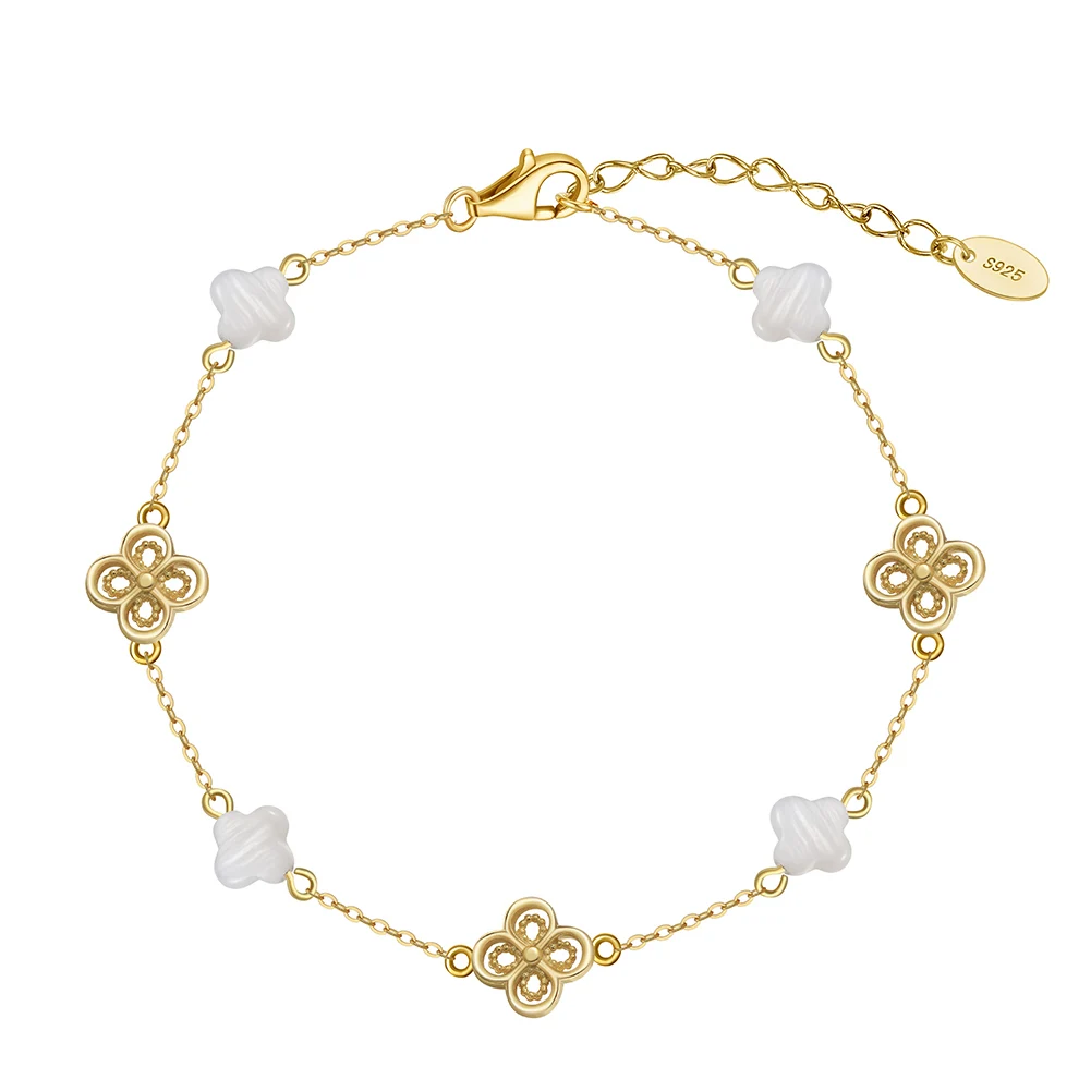 GMB67 RINNTIN Wholesale 14K Gold Shell Pearls Bracelet Latest Girl 925 Silver Jewelry Four Leaf Clover Bracelet for Women